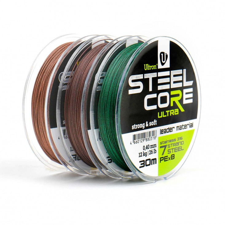 Поводковый материал ULTRON Steel Core, 30 м (Ultra 0,40 мм, 12 кг, 30 м, хаки)
